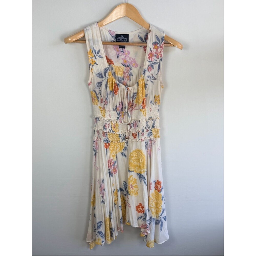 Angie Ivory Yellow Floral Crinkle Rayon Smocked Waist Midi Dress Small